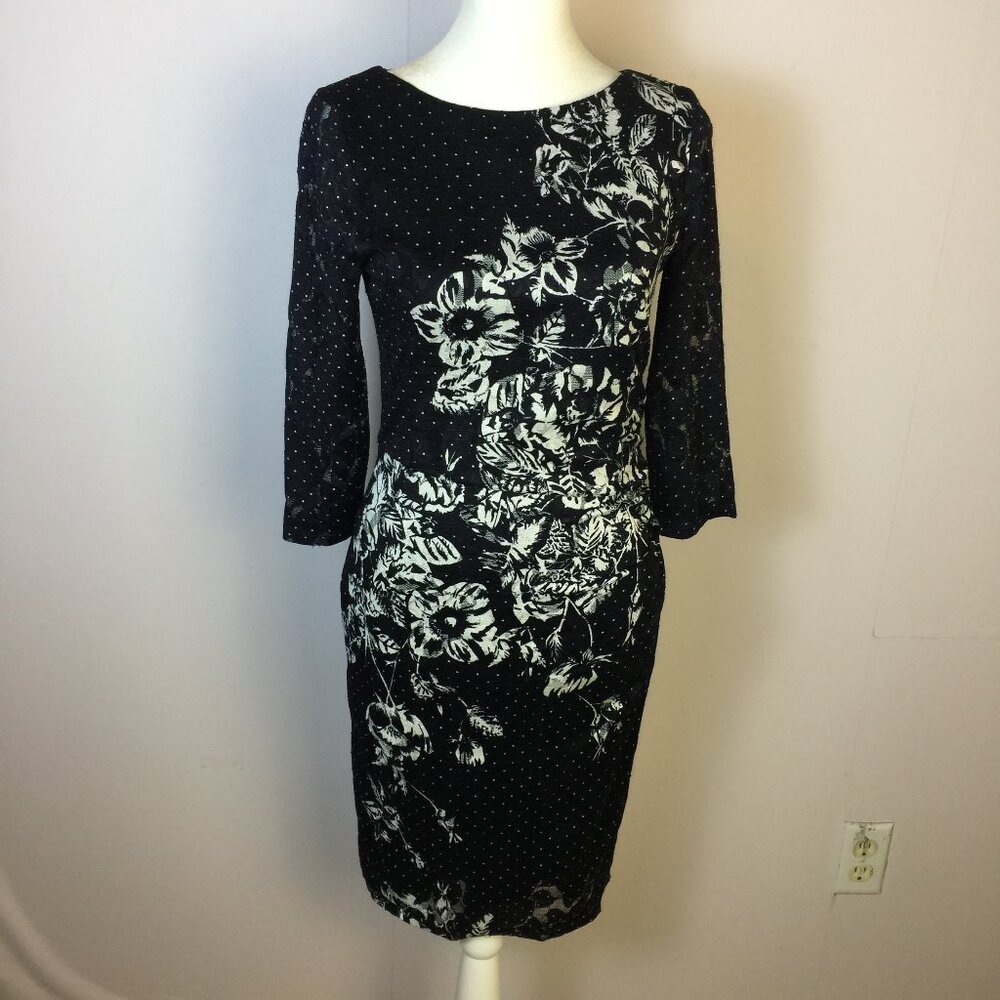Phase Eight Sheath Ruched Dress Size 8 Womans Navy Blue White Lace 3/4 Sleeve